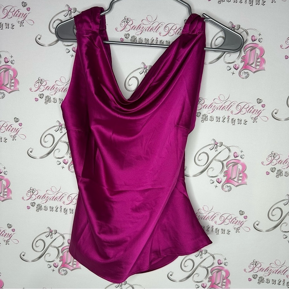 ASTR the label Shiny Cowl Neck Top in Fuchsia draping blouse sexy pink